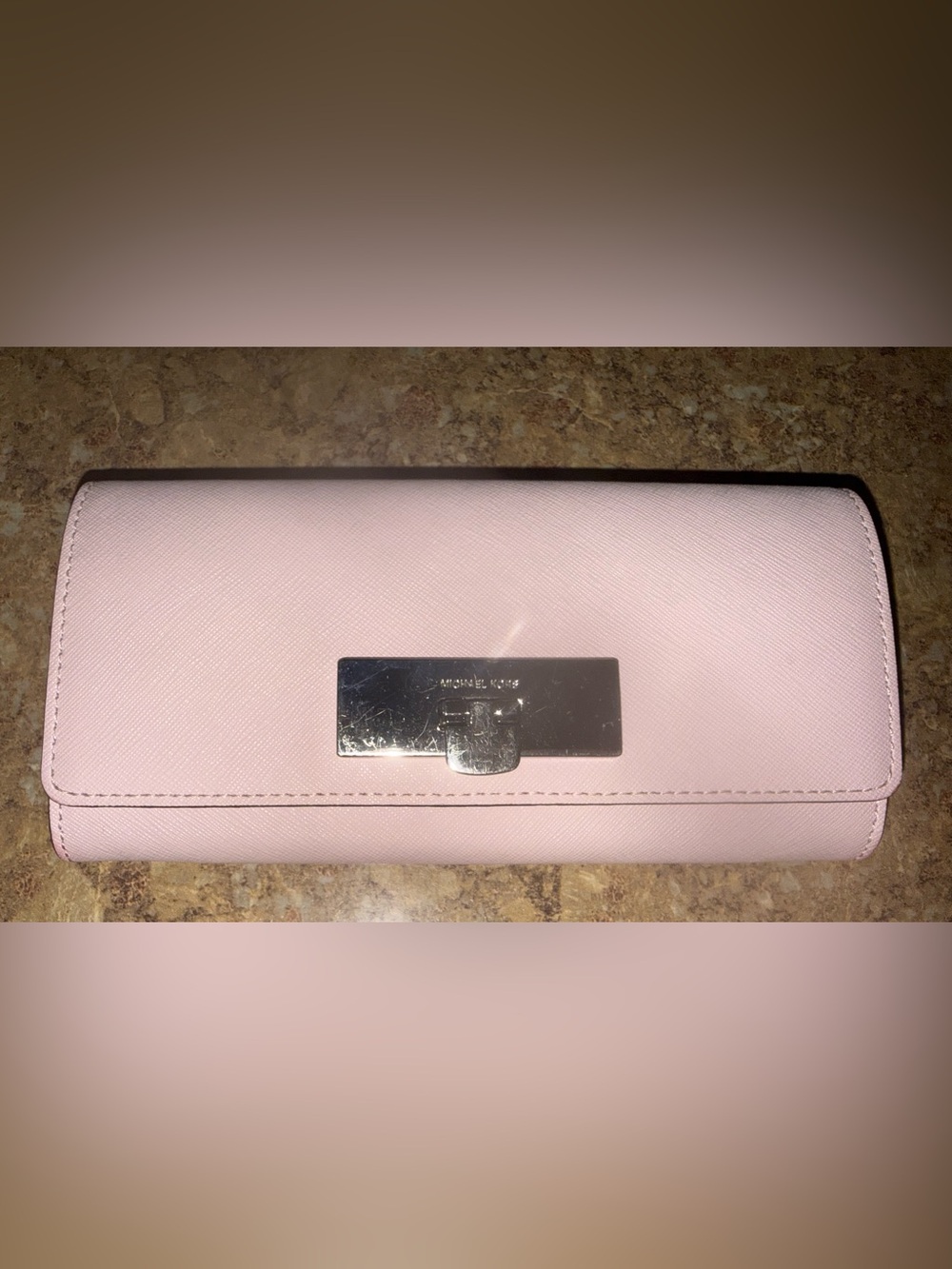 Michael Kors Light Pink Foldover Clutch Wallet with Silver-Tone Logo Plate